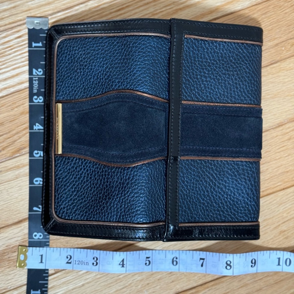 Burberry Prosum bronze Metallic Piping Navy Suade Leather Luxury Wallet VTG - Picture 3 of 16